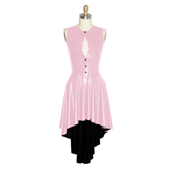 Fashion O-neck Hollow Out Sleeveless Vinyl PVC Leather Maxi Irregular Pleated Dress Women Cocktail Party Hight Waist Clothing