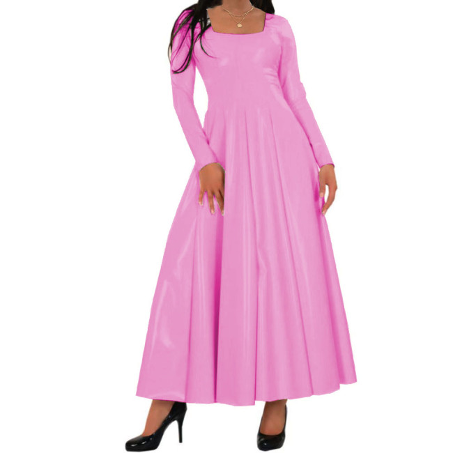 Women Long Dress Wetlook PVC Solid Square Neck Long Pleated Dresses High Waist A-line Loose Simple Casual Daily Wear Maxi Dress