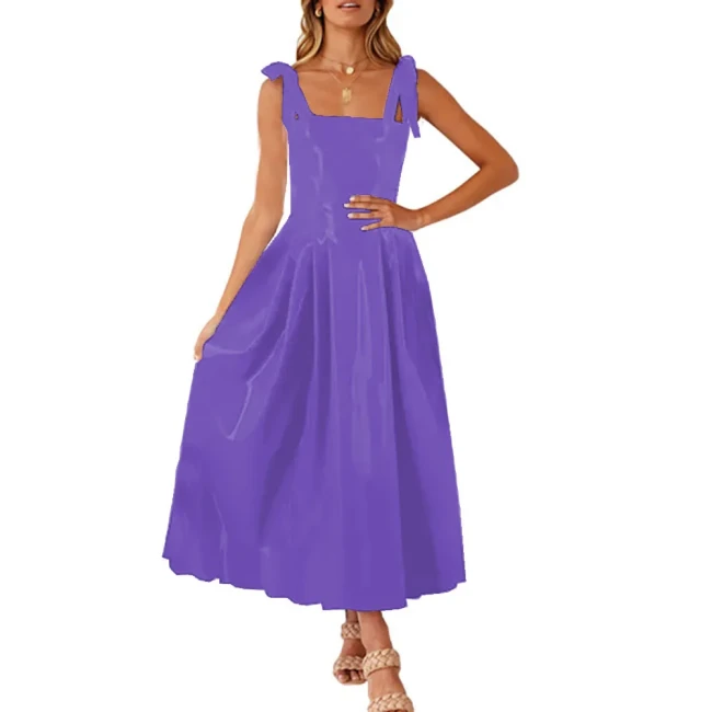 Elegant Ladies  Ankle Length Long Dress Sleeveless Shoulder Strap Square Neck Loose Ruffled Hem Dress PVC Shiny Glossy Outfits