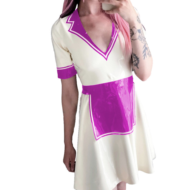 Summer Maid Dress for Womens Vinyl PVC Leather Turn-down V-neck A-line Mini Dress Night Party Outfit Glossy Short Sleevele Dress