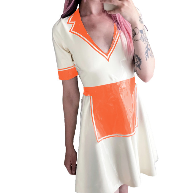 Summer Maid Dress for Womens Vinyl PVC Leather Turn-down V-neck A-line Mini Dress Night Party Outfit Glossy Short Sleevele Dress