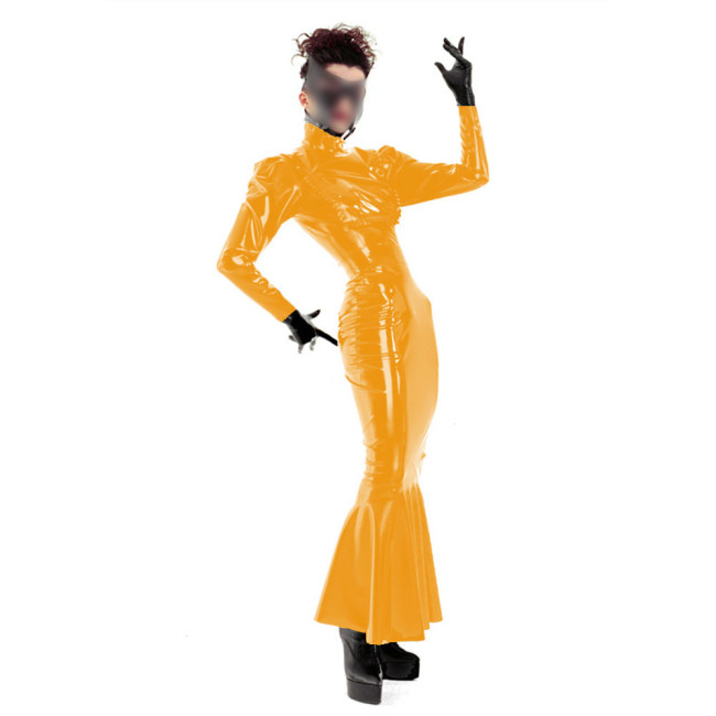 Slim Mermaid Ruffled Hem Ankle Length Long Dress Turtleneck Long Sleeve Dress Glossy PVC Wetlook Dance Party Trumpet Dresses