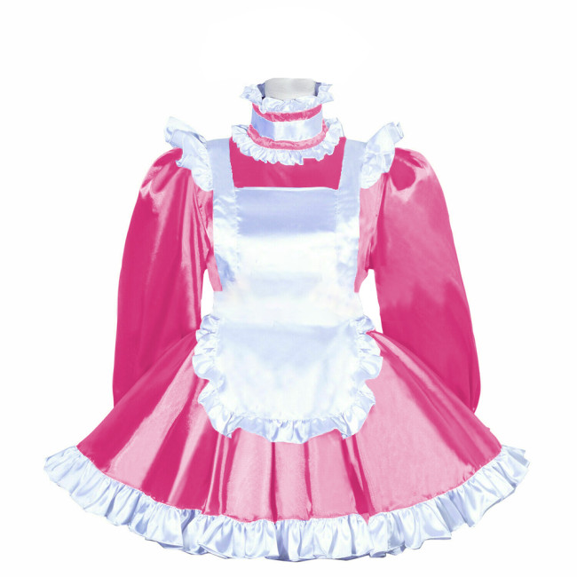 French Maid Uniform Shiny Turtleneck White Ruffled Hem  A-line Maid Dress Outfits Satin Finish Silk-like Party Cosplay Costume