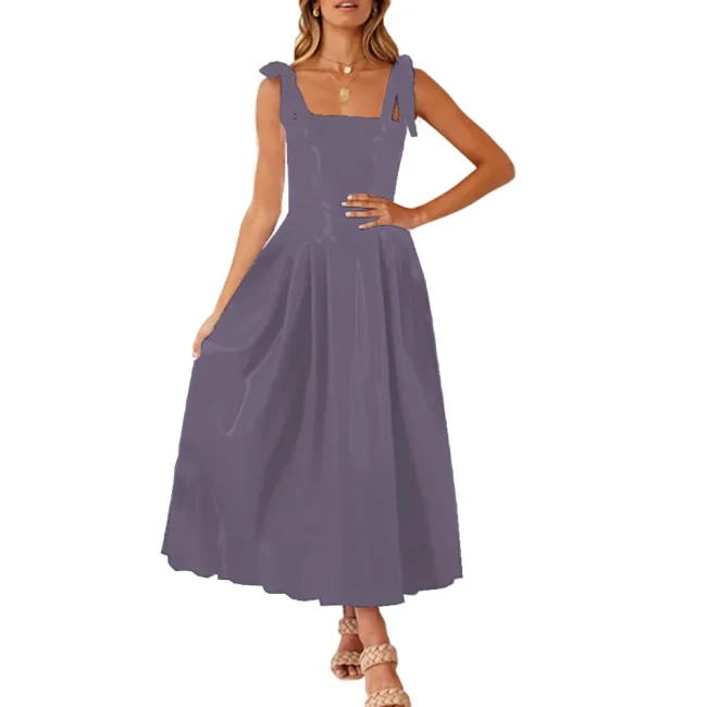 Elegant Ladies  Ankle Length Long Dress Sleeveless Shoulder Strap Square Neck Loose Ruffled Hem Dress PVC Shiny Glossy Outfits