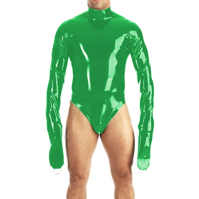 PVC Vinyl Long Sleeves with Gloves Solid Exotic Bodysuit Wetlook Unisex Party Stretch High Cut Catsuit Sexy Open Hip Rompers 7XL