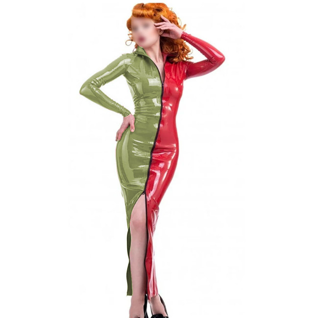 Novelty Candy Color Splicing Zipper Front Dress Long Sheleve Vintage PVC Wetlook Long Pencil Dress High Street Skintight Costume