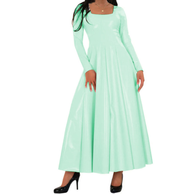 Women Long Dress Wetlook PVC Solid Square Neck Long Pleated Dresses High Waist A-line Loose Simple Casual Daily Wear Maxi Dress