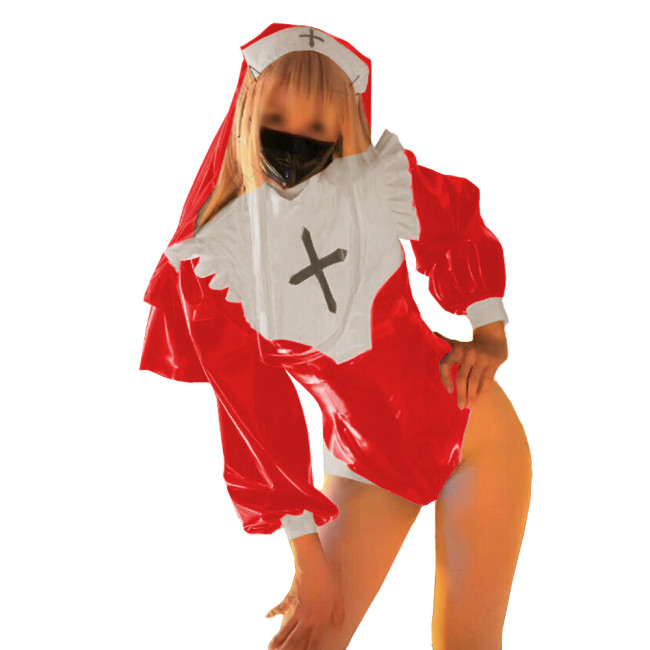 Exotic Party Cosplay Nun Uniforms Lovely Glossy PVC Leather with Headscarf Bodysuit Long Sleeves Mock Neck Plus Size Rompers