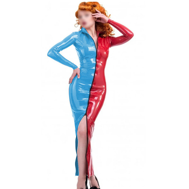 Novelty Candy Color Splicing Zipper Front Dress Long Sheleve Vintage PVC Wetlook Long Pencil Dress High Street Skintight Costume
