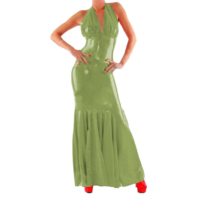 Halter Sexy Dress Women PVC Faux Leather Long Dress Sissy Bodycon Dress Exotic Nightwear Clubwear Vestidos