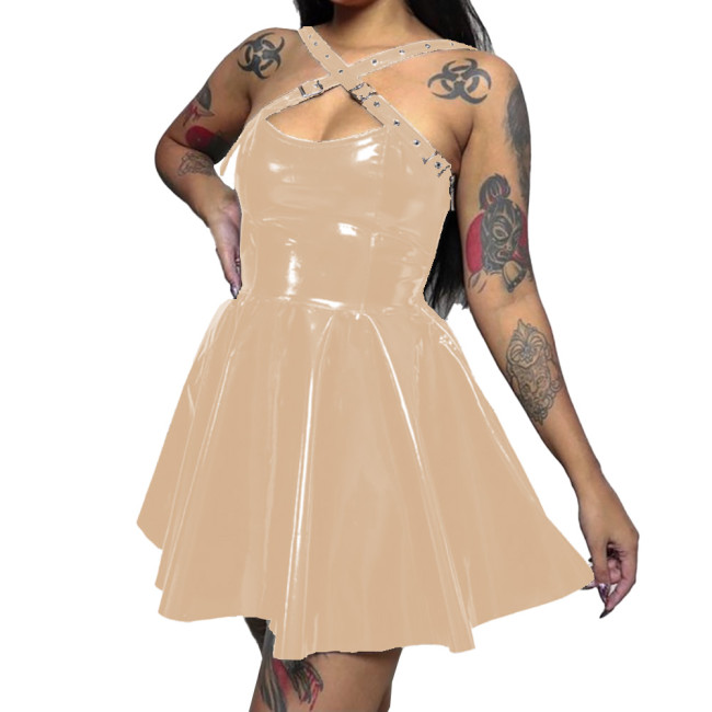 Womens Wetlook PVC Leather  Cross Strap Dress Skinny Short Sleeveless Pleated Dress Sexy Bodycon Ladies Party Club  A-line Dress