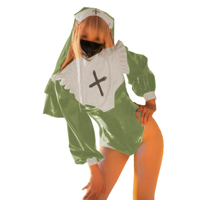 Exotic Party Cosplay Nun Uniforms Lovely Glossy PVC Leather with Headscarf Bodysuit Long Sleeves Mock Neck Plus Size Rompers