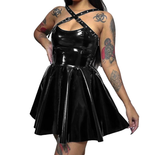 Womens Wetlook PVC Leather  Cross Strap Dress Skinny Short Sleeveless Pleated Dress Sexy Bodycon Ladies Party Club  A-line Dress
