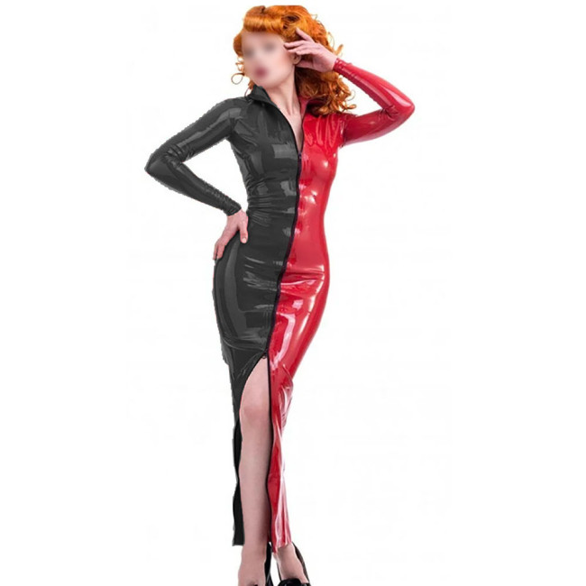 Novelty Candy Color Splicing Zipper Front Dress Long Sheleve Vintage PVC Wetlook Long Pencil Dress High Street Skintight Costume