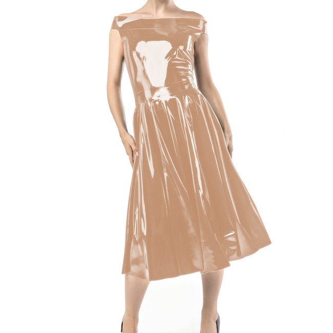 Elegant Boat Neck Shiny PVC Leather Fit  A-line Dress Sexy Over-knee Length Bodycon Female Bandage High Waist Fashion Dresses