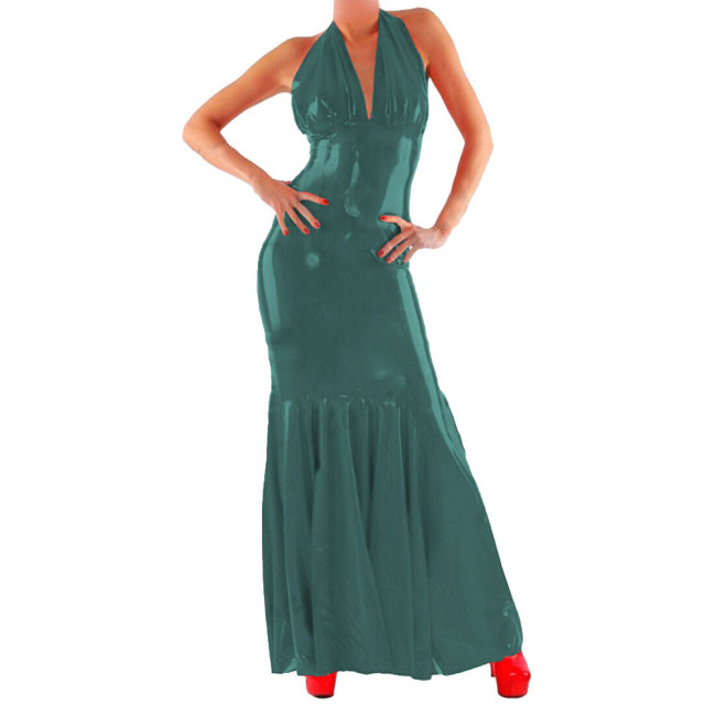 Halter Sexy Dress Women PVC Faux Leather Long Dress Sissy Bodycon Dress Exotic Nightwear Clubwear Vestidos