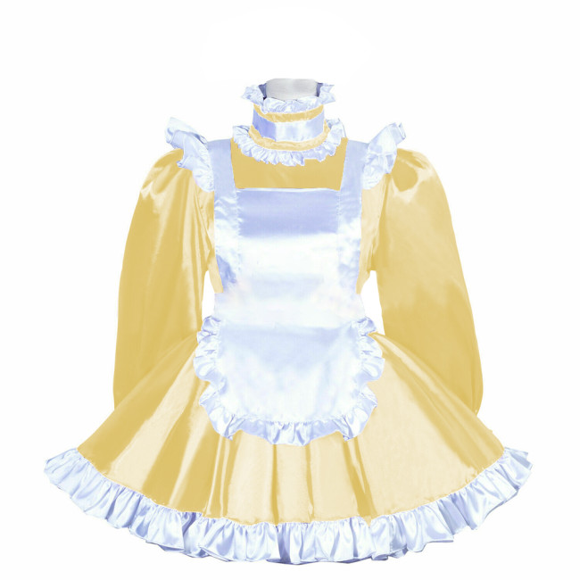 French Maid Uniform Shiny Turtleneck White Ruffled Hem  A-line Maid Dress Outfits Satin Finish Silk-like Party Cosplay Costume