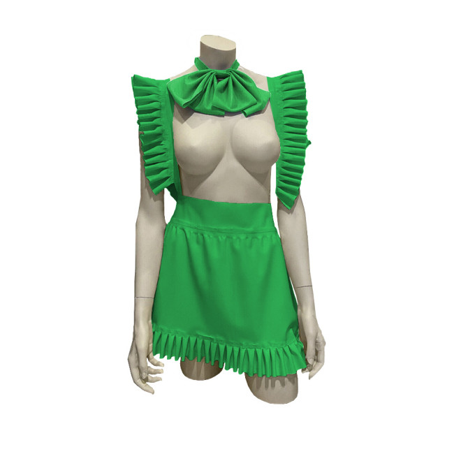 Exotic Sexy Apron Anime Play Lolita Ruffled Apron Dress with Bowtie Shiny PVC Leather Lace-up Maid Cosplay Short A-line Apron