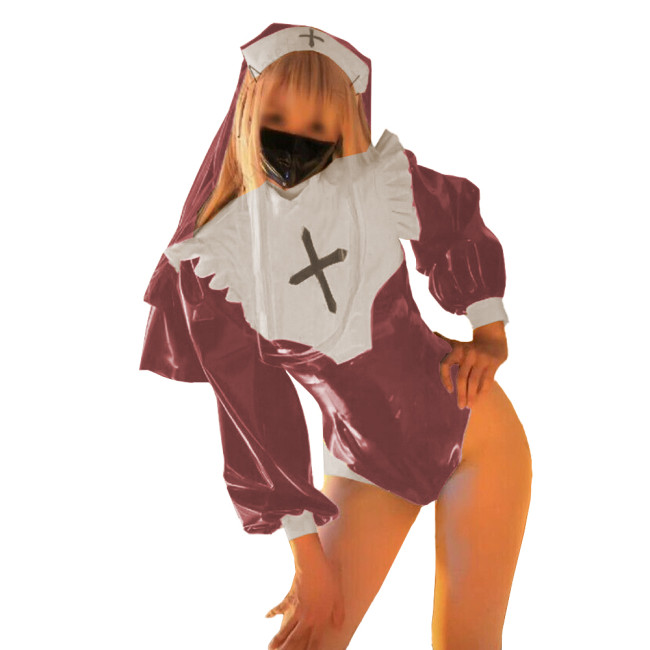 Exotic Party Cosplay Nun Uniforms Lovely Glossy PVC Leather with Headscarf Bodysuit Long Sleeves Mock Neck Plus Size Rompers