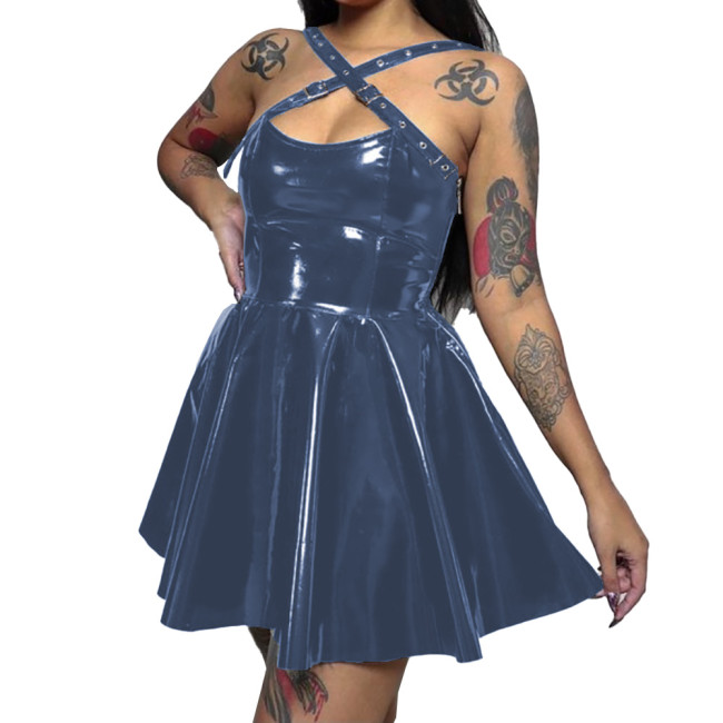 Womens Wetlook PVC Leather  Cross Strap Dress Skinny Short Sleeveless Pleated Dress Sexy Bodycon Ladies Party Club  A-line Dress