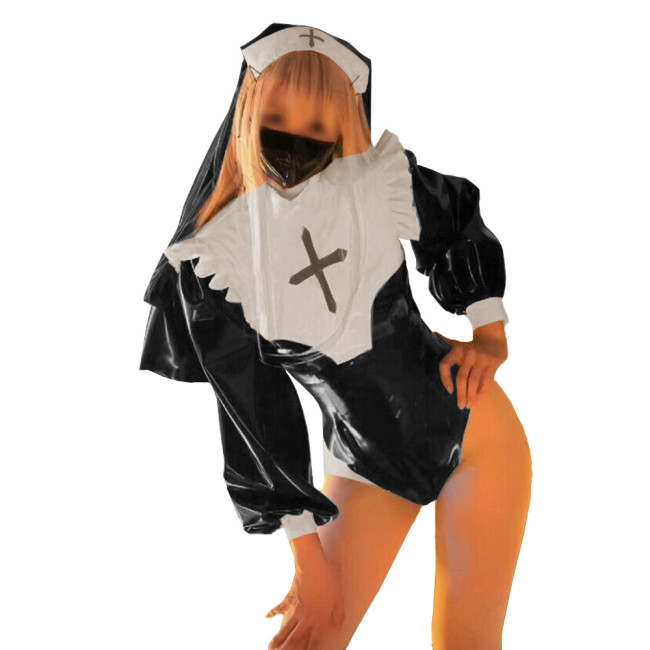 Exotic Party Cosplay Nun Uniforms Lovely Glossy PVC Leather with Headscarf Bodysuit Long Sleeves Mock Neck Plus Size Rompers