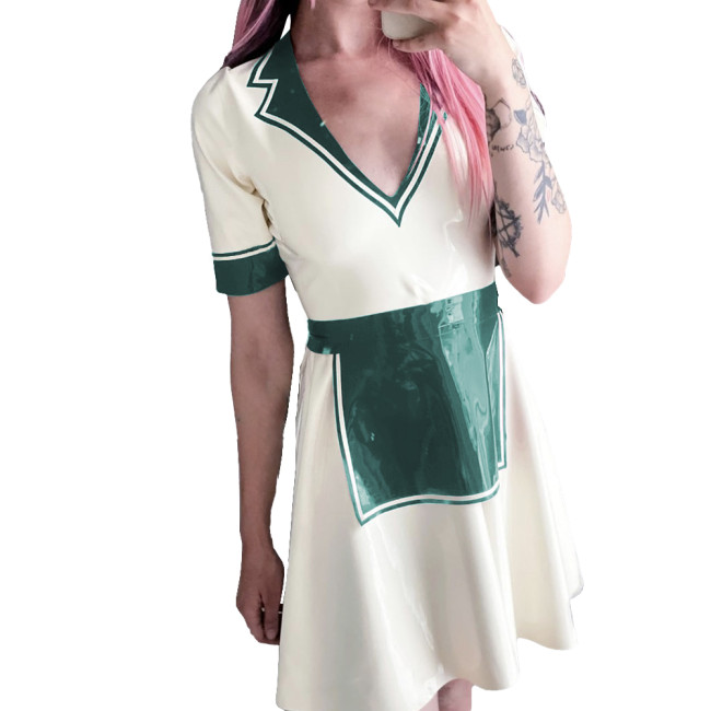 Summer Maid Dress for Womens Vinyl PVC Leather Turn-down V-neck A-line Mini Dress Night Party Outfit Glossy Short Sleevele Dress