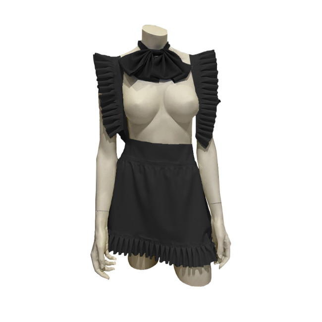 Exotic Sexy Apron Anime Play Lolita Ruffled Apron Dress with Bowtie Shiny PVC Leather Lace-up Maid Cosplay Short A-line Apron