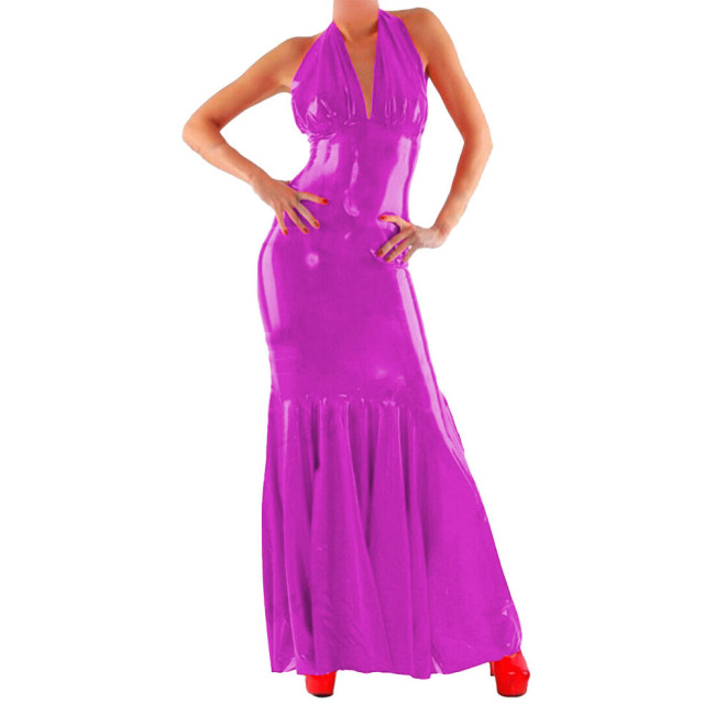 Halter Sexy Dress Women PVC Faux Leather Long Dress Sissy Bodycon Dress Exotic Nightwear Clubwear Vestidos