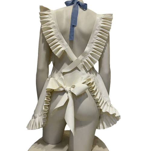 Exotic Sexy Apron Anime Play Lolita Ruffled Apron Dress with Bowtie Shiny PVC Leather Lace-up Maid Cosplay Short A-line Apron