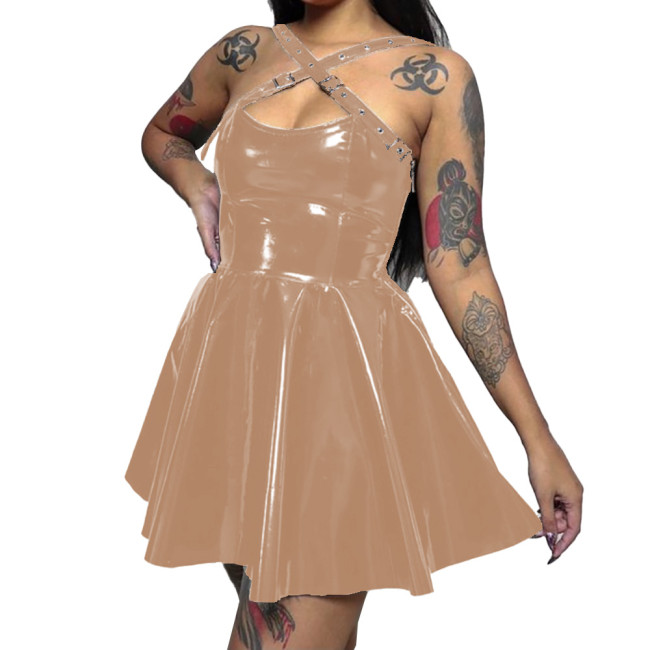 Womens Wetlook PVC Leather  Cross Strap Dress Skinny Short Sleeveless Pleated Dress Sexy Bodycon Ladies Party Club  A-line Dress