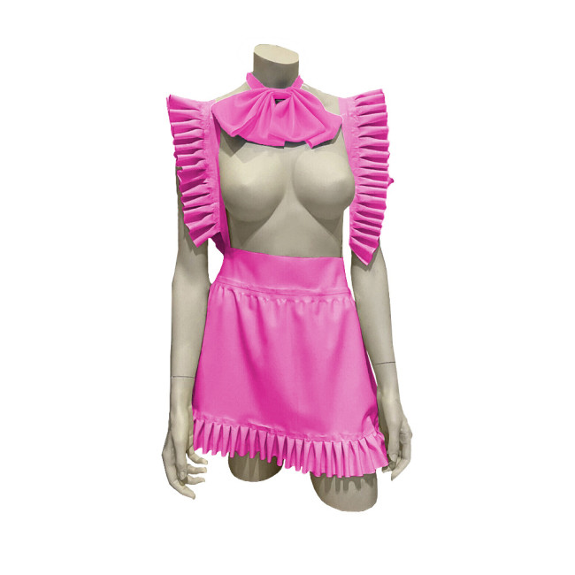 Exotic Sexy Apron Anime Play Lolita Ruffled Apron Dress with Bowtie Shiny PVC Leather Lace-up Maid Cosplay Short A-line Apron