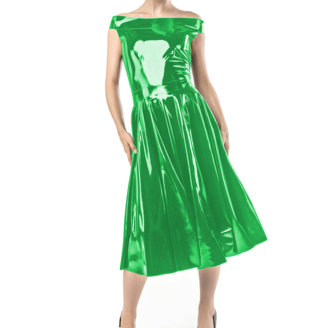 Elegant Boat Neck Shiny PVC Leather Fit  A-line Dress Sexy Over-knee Length Bodycon Female Bandage High Waist Fashion Dresses