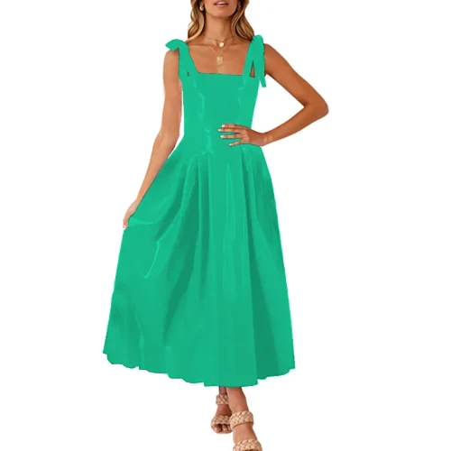 Elegant Ladies  Ankle Length Long Dress Sleeveless Shoulder Strap Square Neck Loose Ruffled Hem Dress PVC Shiny Glossy Outfits