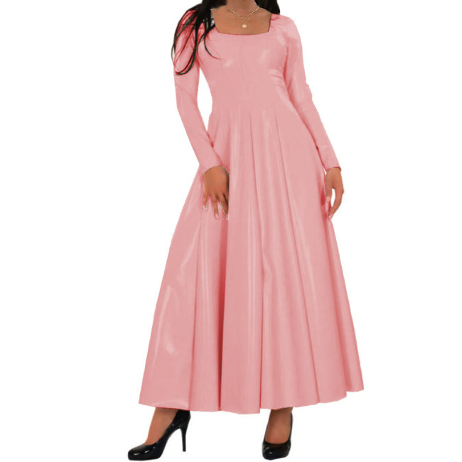 Women Long Dress Wetlook PVC Solid Square Neck Long Pleated Dresses High Waist A-line Loose Simple Casual Daily Wear Maxi Dress