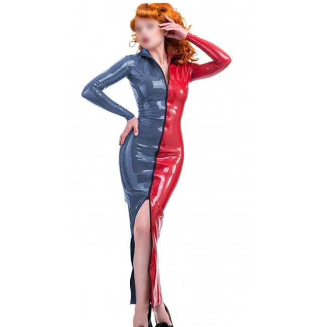Novelty Candy Color Splicing Zipper Front Dress Long Sheleve Vintage PVC Wetlook Long Pencil Dress High Street Skintight Costume