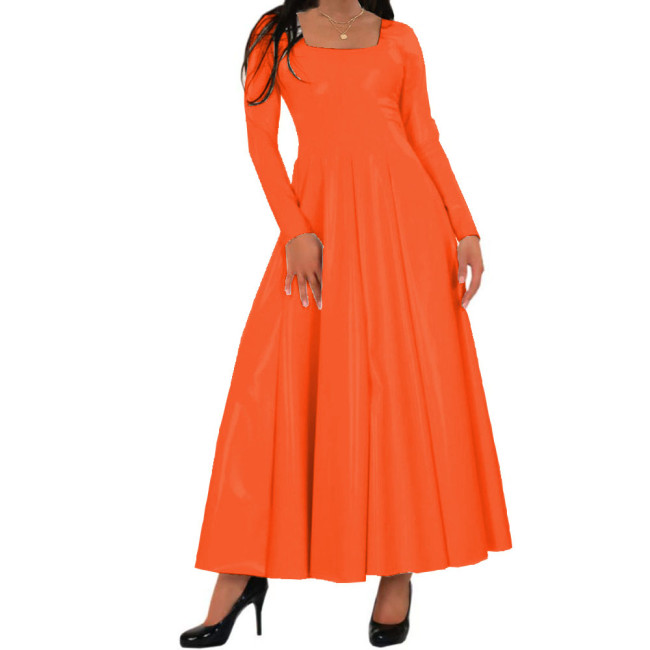 Women Long Dress Wetlook PVC Solid Square Neck Long Pleated Dresses High Waist A-line Loose Simple Casual Daily Wear Maxi Dress