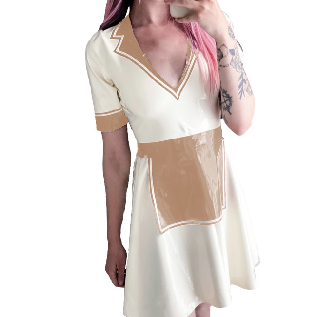 Summer Maid Dress for Womens Vinyl PVC Leather Turn-down V-neck A-line Mini Dress Night Party Outfit Glossy Short Sleevele Dress