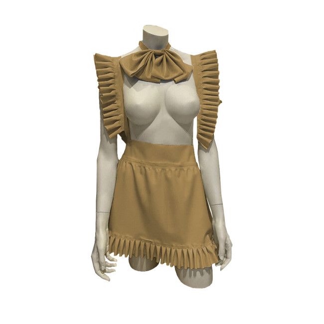 Exotic Sexy Apron Anime Play Lolita Ruffled Apron Dress with Bowtie Shiny PVC Leather Lace-up Maid Cosplay Short A-line Apron