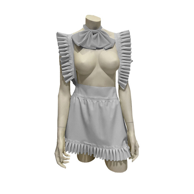 Exotic Sexy Apron Anime Play Lolita Ruffled Apron Dress with Bowtie Shiny PVC Leather Lace-up Maid Cosplay Short A-line Apron