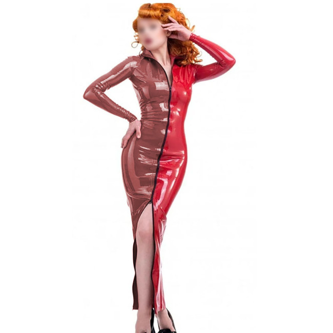 Novelty Candy Color Splicing Zipper Front Dress Long Sheleve Vintage PVC Wetlook Long Pencil Dress High Street Skintight Costume