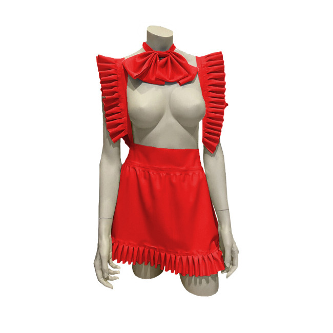 Exotic Sexy Apron Anime Play Lolita Ruffled Apron Dress with Bowtie Shiny PVC Leather Lace-up Maid Cosplay Short A-line Apron