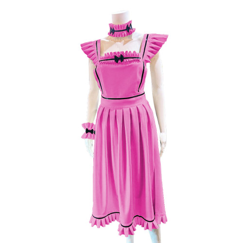Lolita French Maid Cosplay Outfits Ruffles Long Apron Dress with Collar Cuff Exotic Servant Wetlook PVC Leather Maid Uniform