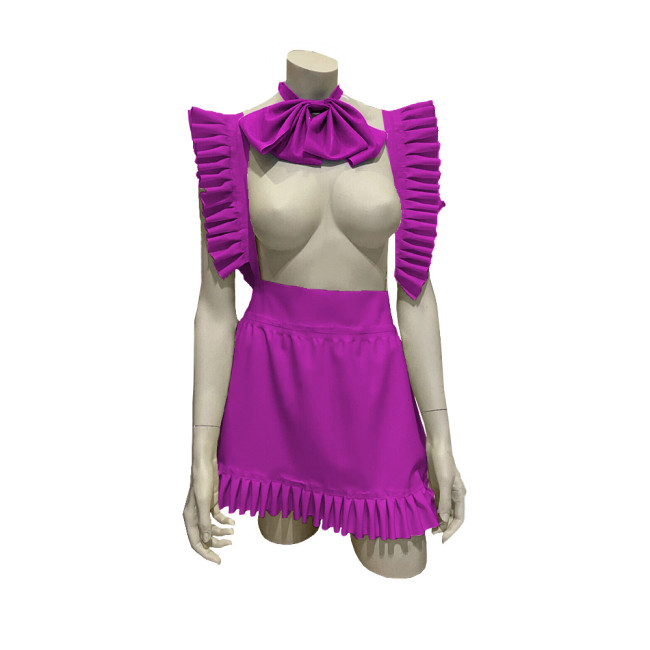 Exotic Sexy Apron Anime Play Lolita Ruffled Apron Dress with Bowtie Shiny PVC Leather Lace-up Maid Cosplay Short A-line Apron