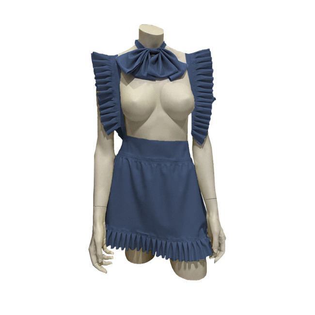 Exotic Sexy Apron Anime Play Lolita Ruffled Apron Dress with Bowtie Shiny PVC Leather Lace-up Maid Cosplay Short A-line Apron
