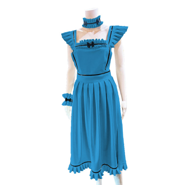 Lolita French Maid Cosplay Outfits Ruffles Long Apron Dress with Collar Cuff Exotic Servant Wetlook PVC Leather Maid Uniform