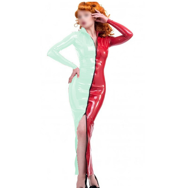 Novelty Candy Color Splicing Zipper Front Dress Long Sheleve Vintage PVC Wetlook Long Pencil Dress High Street Skintight Costume