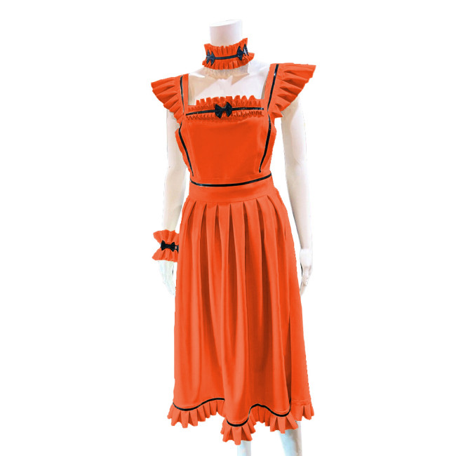 Lolita French Maid Cosplay Outfits Ruffles Long Apron Dress with Collar Cuff Exotic Servant Wetlook PVC Leather Maid Uniform