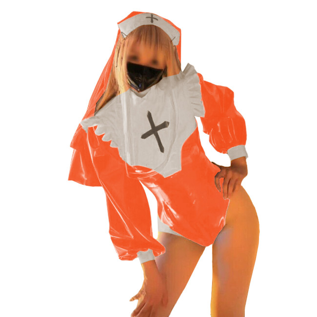 Exotic Party Cosplay Nun Uniforms Lovely Glossy PVC Leather with Headscarf Bodysuit Long Sleeves Mock Neck Plus Size Rompers
