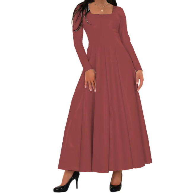 Women Long Dress Wetlook PVC Solid Square Neck Long Pleated Dresses High Waist A-line Loose Simple Casual Daily Wear Maxi Dress