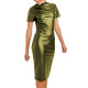 Women's Summer Short Sleeved Dress Over Knee Solid Elegant Lady Bodycon Prom Dress PU Leather  Scoop Neck Sexy Night  Dress